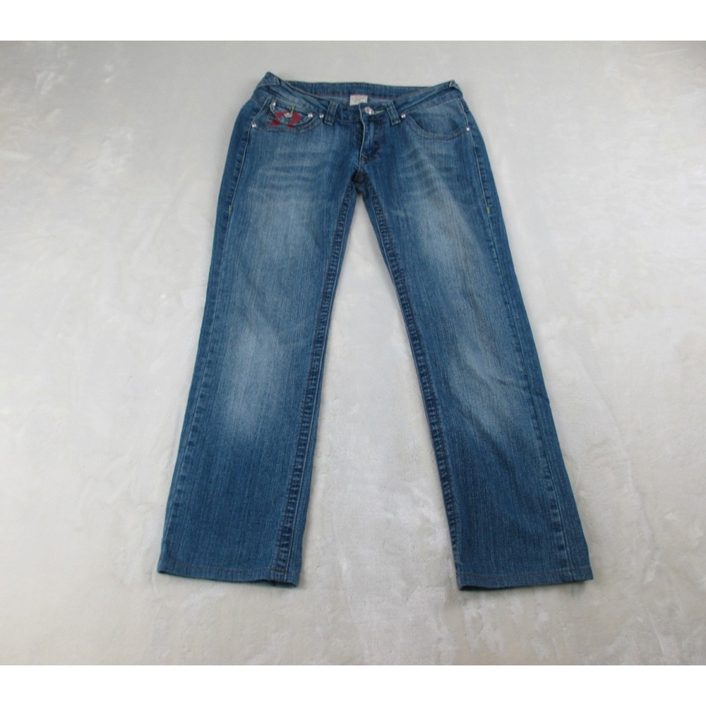True Religion Pants Womens 26 Blue Denim Jeans Straight Rhinestones Ladies*